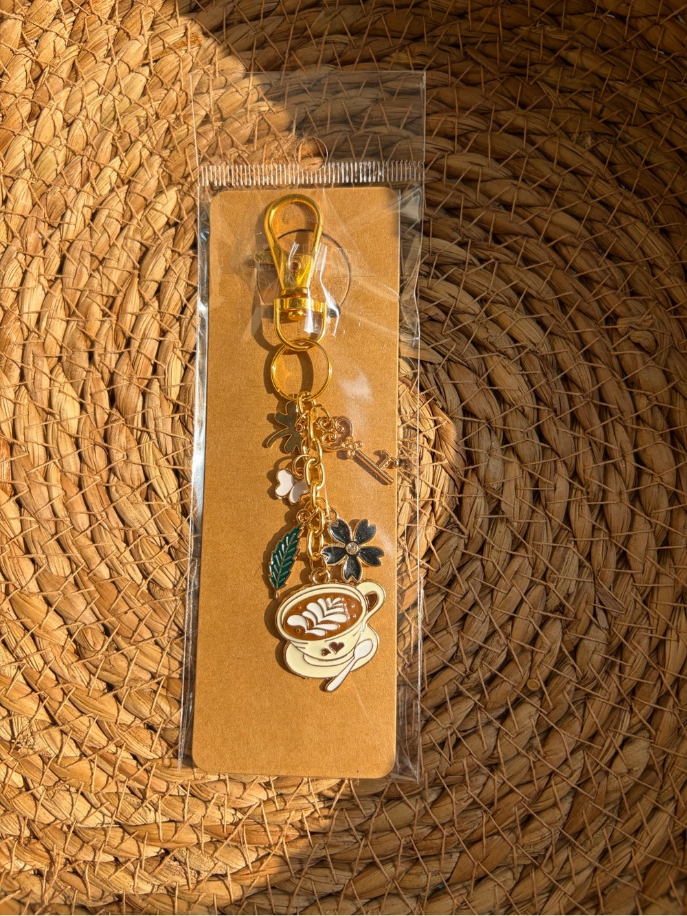 Gold-Tone Coffee Cup Charm Keychain with Beige & Green Accents